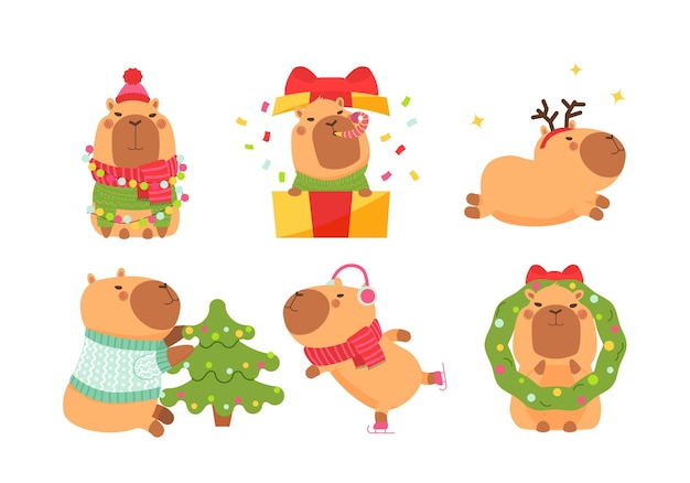 Vector set of cute funny capybaras with christmas decorations