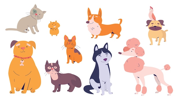 Set of cute and funny cartoon pet characters. 