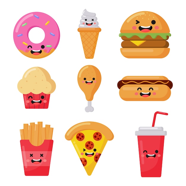 Set of cute funny fast food kawaii style icons isolated on white