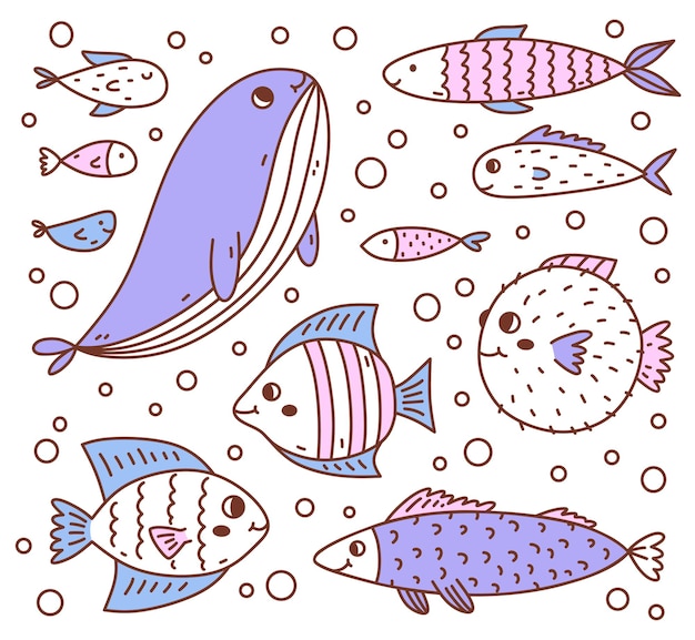 Set of cute and funny fish isolated on white background hand drawn doodle illustration