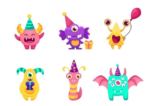 Set of cute and funny monsters for your Birthday design with balloons, party hats and gifts. Vector cartoon children illustration