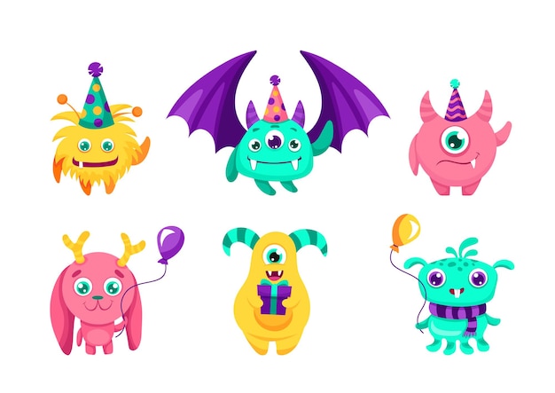 Set of cute and funny monsters for your Birthday design with balloons party hats and gifts