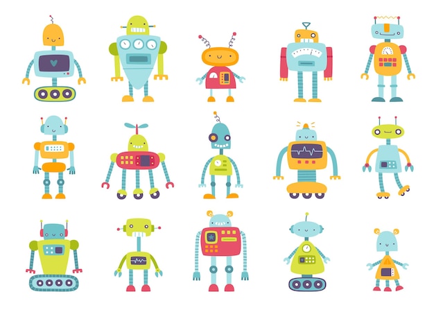 Vector set of cute funny robots for kids collection of cartoon vector childish robots