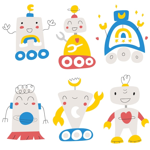 Set of cute funny robots Vector hand drawn icon illustrations for kids