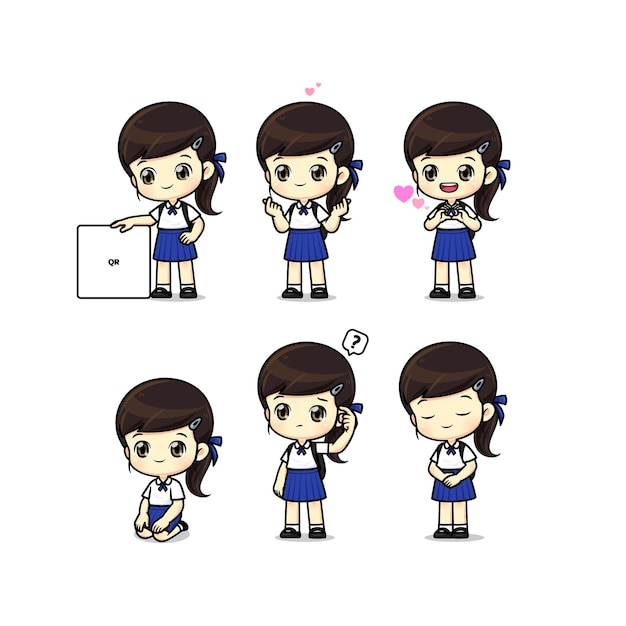 Set of cute girl student in school uniform mascot character