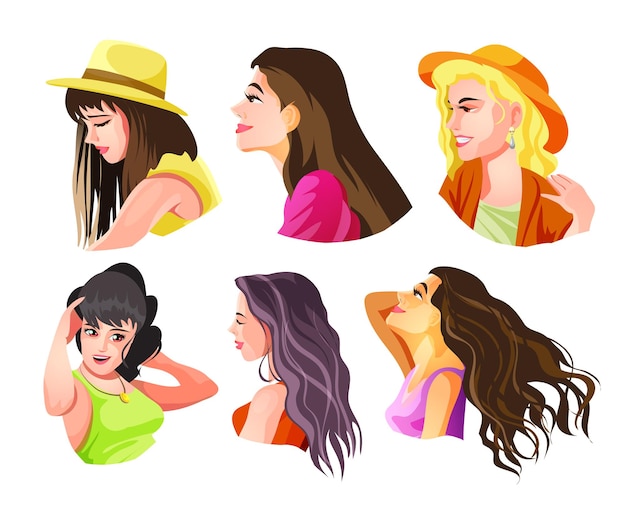 A set of cute girls hands illustrations in various clothes doing different activities with different expressions. Vector stickers or badges. Isolated vector illustration in cartoon style