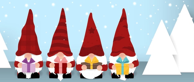 Set of cute Gnomes or Santa Claus cartoon characters wearing red hats holding colorful gift boxes.