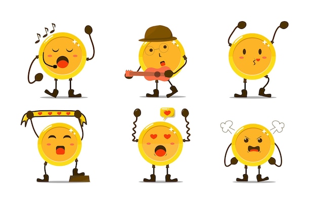 Set of cute gold coin in different poses