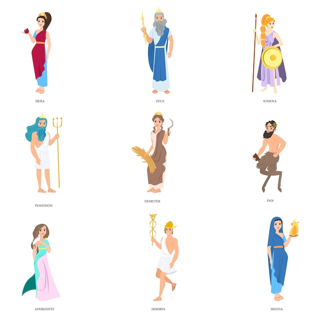 Set of cute greek gods character in different poses and clothes