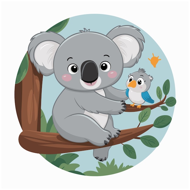 Vector set of cute grey koala bear in different poses eating sleeping leaves cartoon animal design flat vector illustration isolated on white background