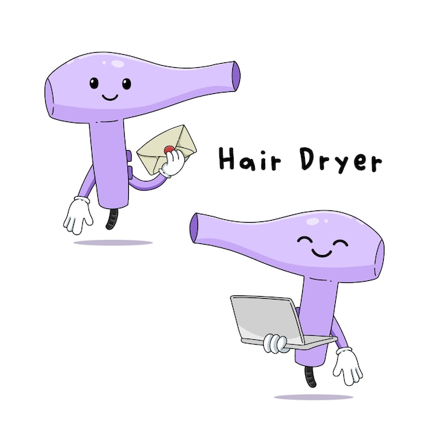 Set of cute hair dryer cartoon mascot characters