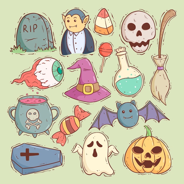 set of cute halloween character cartoon with doodle style