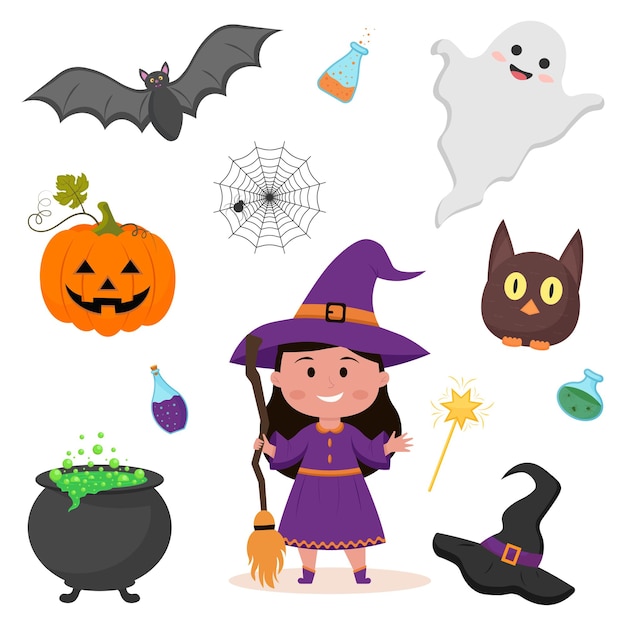 Set of cute Halloween icons Vector illustration