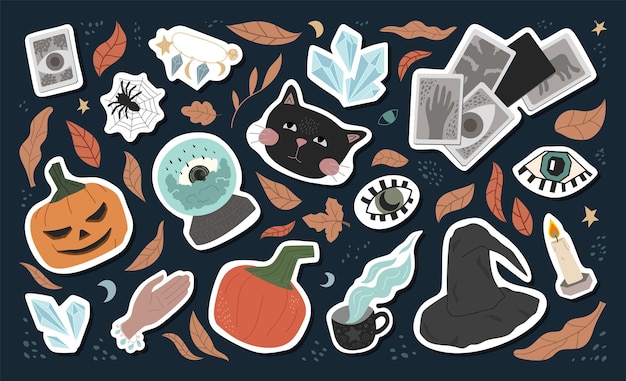 Set of cute Halloween stickers  black cat eyes witch hat pumpkins spiders fortune telling ball