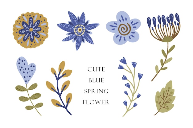 Vector a set of cute hand drawn blue spring flower and leaf floral pattern illustration