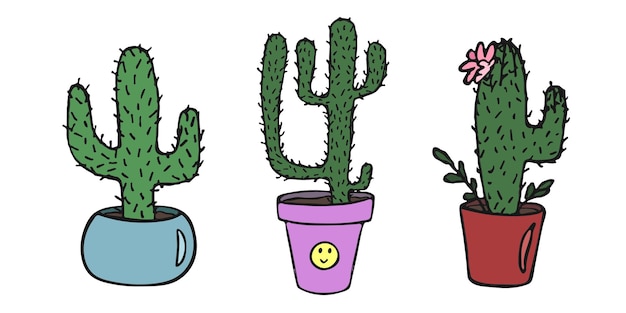 Set of cute hand drawn cactus illustration Houseplant in a pot clipart Cozy home doodle