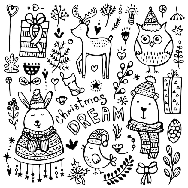 Set of cute hand-drawn Christmas, New Year's and winter's elements isolated on white background