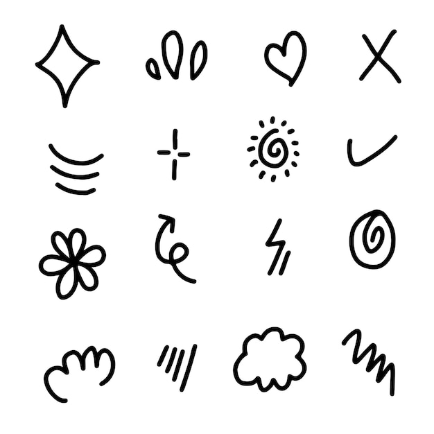 Set of cute hand drawn line scribble expression signs emoticon effects, design elements.