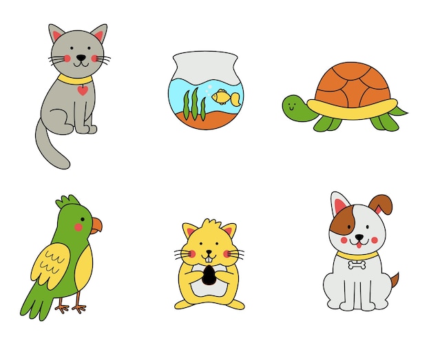 Set of cute hand drawn pets in cartoon style