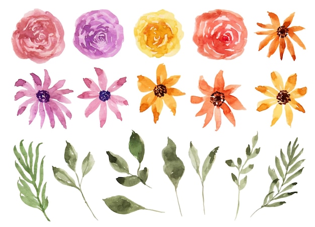 a set of cute hand painted flower and leaf watercolor