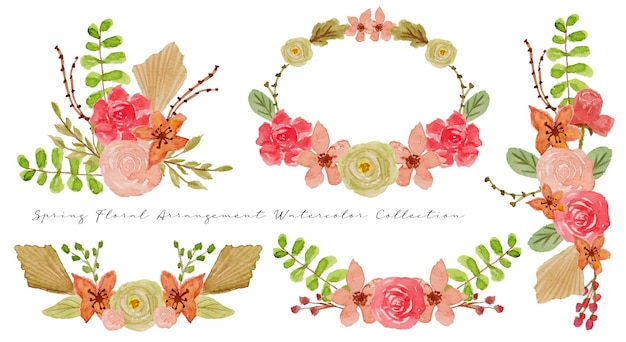 a set of cute hand painted spring flower and leaf arrangement watercolor