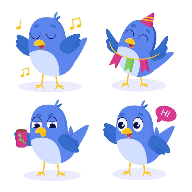 Vector set of cute handdrawn blue birds singing holding garland drinking coffee saying hi