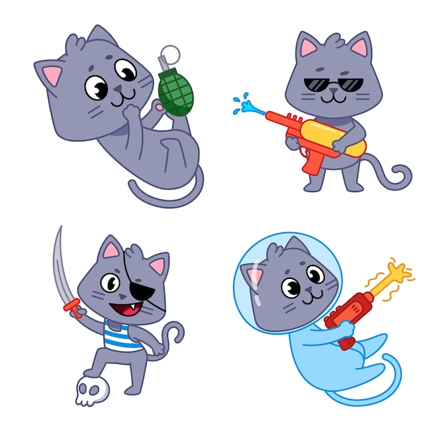 Set of cute handdrawn cats playing with grenade holding water gun pirate sword shooting with blaster