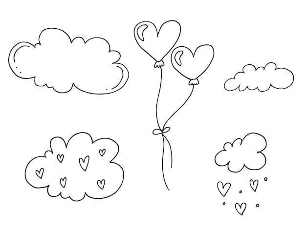 Set of cute handdrawn doodle elements about love Message stickers for apps Icons for Valentines Day romantic events and wedding Balloons in the sky with clouds