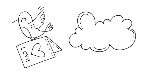 Set of cute handdrawn doodle elements about love Message stickers for apps Icons for Valentines Day romantic events and wedding A bird with an envelope and a heart and a love letter with cloud