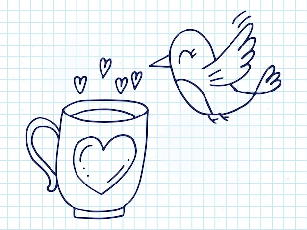 Set of cute handdrawn doodle elements about love Message stickers for apps Icons for Valentines Day romantic events and wedding A checkered notebook A bird and a cup with a heart