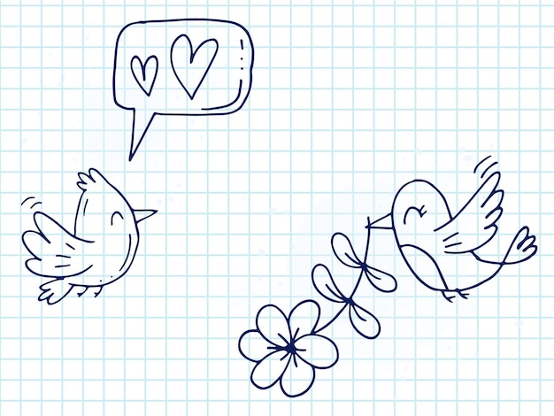 Set of cute handdrawn doodle elements about love Message stickers for apps Icons for Valentines Day romantic events and wedding Checkered notebook Bird sings love song and her lover with flower