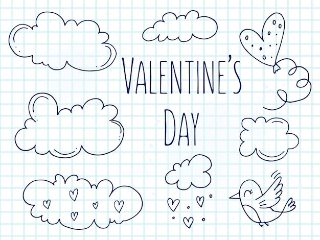 Set of cute handdrawn doodle elements about love Message stickers for apps Icons for Valentines Day romantic events and wedding A checkered notebook A bird with balloon in the sky with clouds