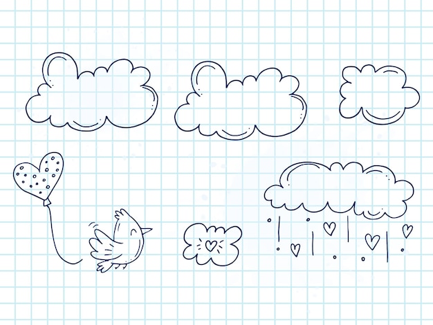 Set of cute handdrawn doodle elements about love Message stickers for apps Icons for Valentines Day romantic events and wedding A checkered notebook A bird with balloon in the sky with clouds