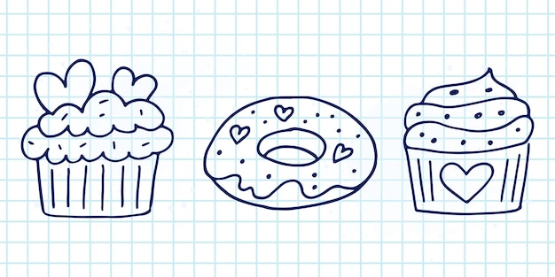 Set of cute handdrawn doodle elements about love Message stickers for apps Icons for Valentines Day romantic events and wedding A checkered notebook Cupcakes and donuts with hearts