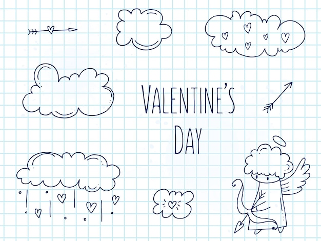 Set of cute handdrawn doodle elements about love Message stickers for apps Icons for Valentines Day romantic events and wedding A checkered notebook Cupid with a bow and arrow in the clouds