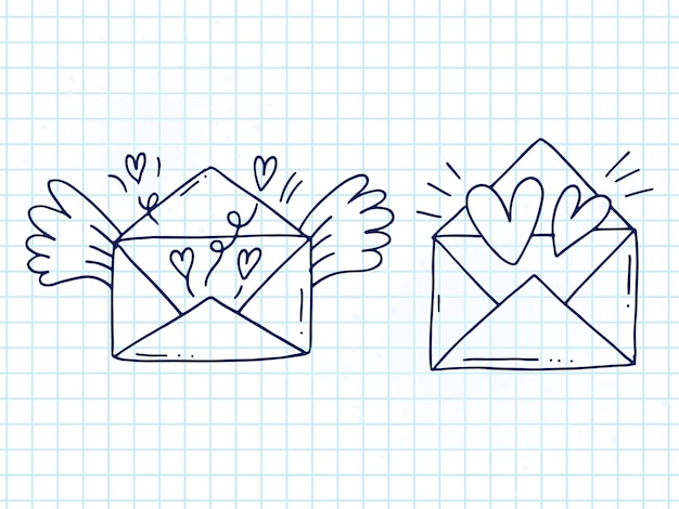 Set of cute handdrawn doodle elements about love Message stickers for apps Icons for Valentines Day romantic events and wedding A checkered notebook Envelopes with love letters and wings