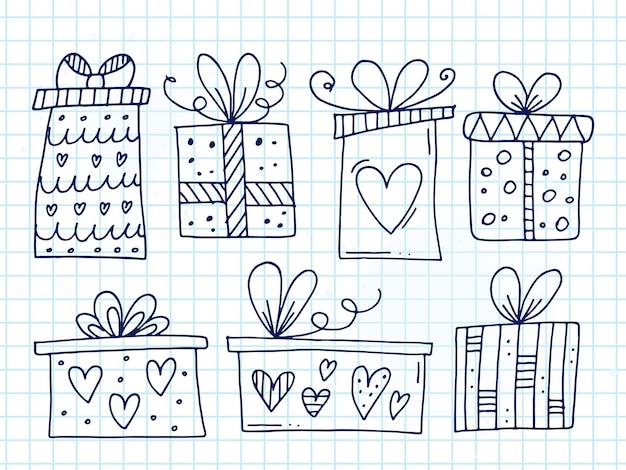 Set of cute handdrawn doodle elements about love Message stickers for apps Icons for Valentines Day romantic events and wedding A checkered notebook Gift boxes with ornaments bows and hearts