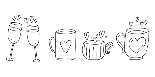 Set of cute handdrawn doodle elements about love Message stickers for apps Icons for Valentines Day romantic events and wedding Cups with a love drink and hearts and champagne