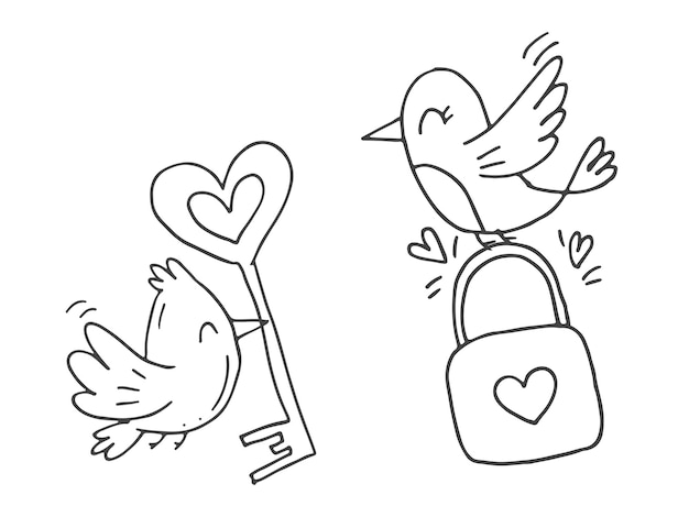 Set of cute handdrawn doodle elements about love Message stickers for apps Icons for Valentines Day romantic events and wedding Two birds with a lock and a key in the shape of a heart