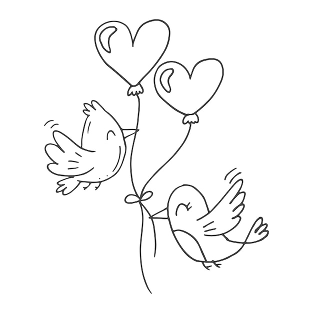 Set of cute handdrawn doodle elements about love Message stickers for apps Icons for Valentines Day romantic events and wedding Two lovebirds fly with balloons in the shape of hearts