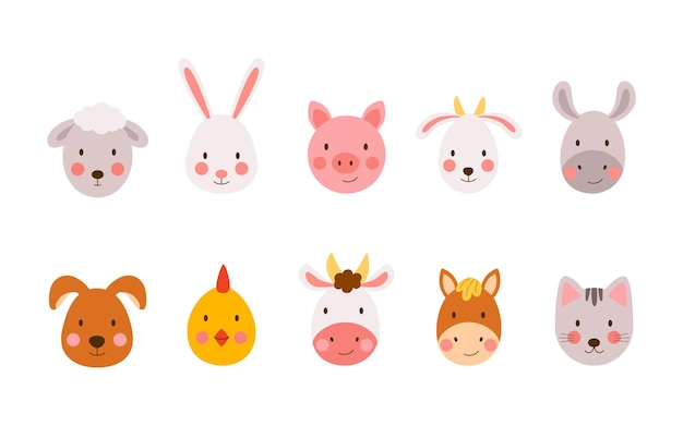 Set of cute handdrawn farm animals in cartoon style