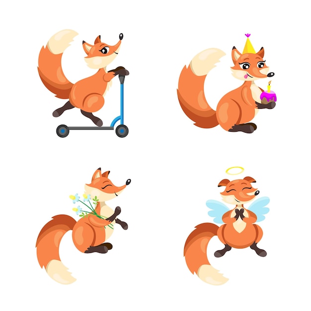 Set of cute handdrawn foxes riding scooter eating birthday cake holding flowers flying as angel