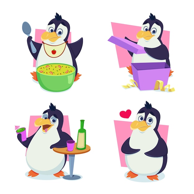 Set of cute handdrawn penguins eating vegetable soup opening box drinking cocktail feeling love