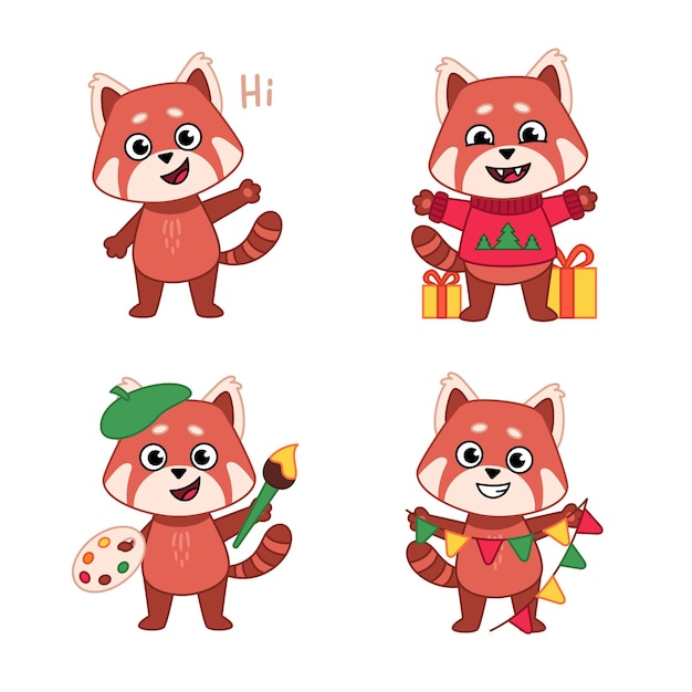 Set of cute handdrawn red pandas greeting standing with Christmas presents painting holding garland