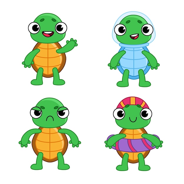 Set of cute handdrawn turtles waving wearing spacesuit with displeased expression with lifebuoy