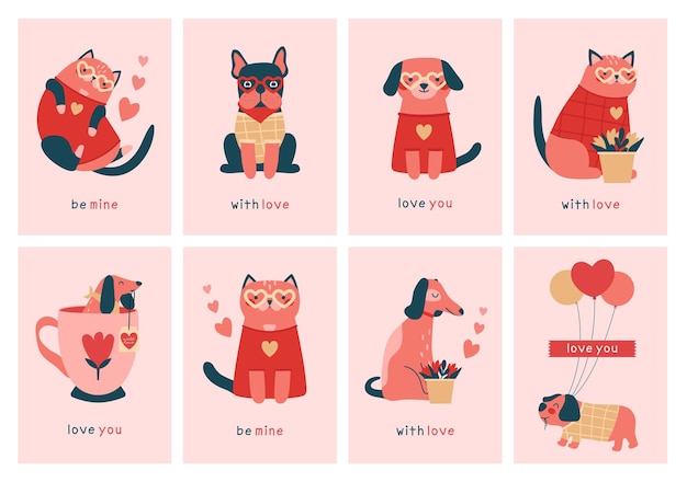 Set of cute handdrawn Valentine's Day cards. Kawaii cliparts of dogs, cats, cup, balloon, heart.