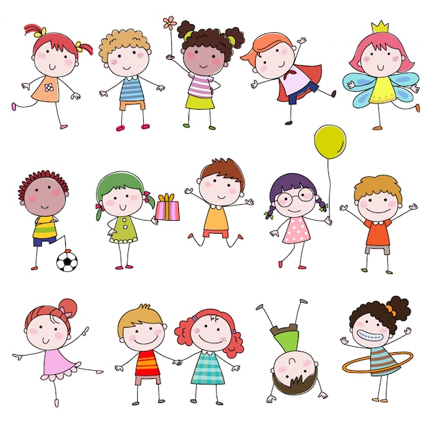 Set of cute happy cartoon doodle kids. Hand-drawn children