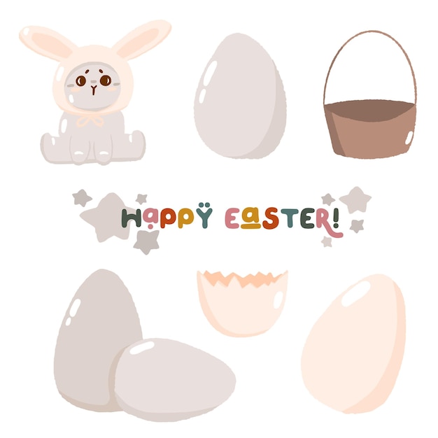 Set of cute happy easter hunt egg bunny concept spring religious holiday rabbit icon stuff cartoon doodle vector illustration isolated on white Happy childhood time flat decoration kindergarten