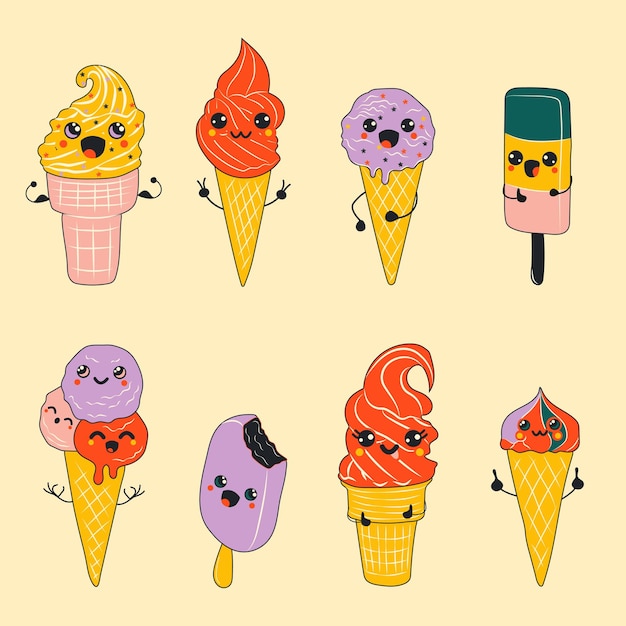 Set of Cute happy funny smilingIce cream with kawaii eyes in bright cartoon style