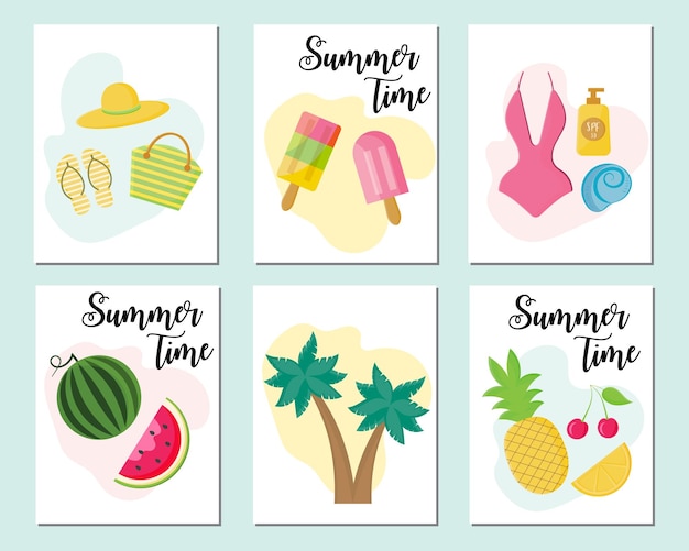 Set of cute hello summer cards and posters with fruits watermelon ice cream cocktails beach